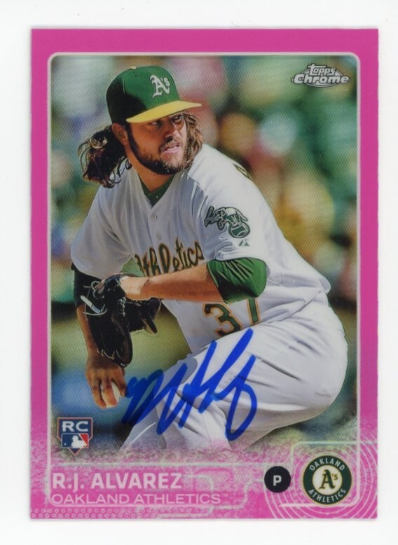 SIGNED BASEBALL CARD AUTO 2015 TOPPS CHROME PINK RJ ALVAREZ OAKLAND A's RC #120