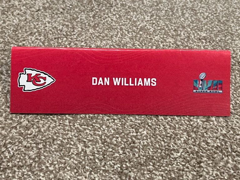 KANSAS CITY CHIEFS TEAM ISSUED SUPER BOWL LVII PAPER NAMEPLATE DAN WILLIAMS