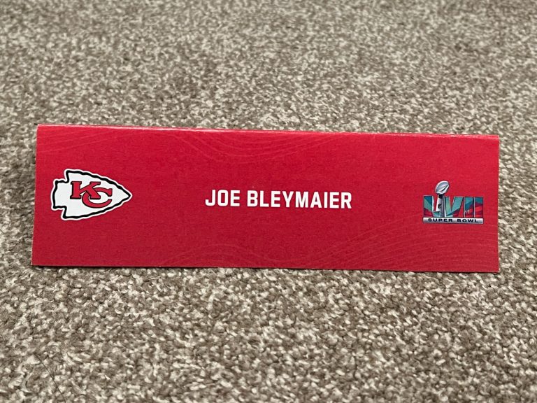 KANSAS CITY CHIEFS TEAM ISSUED SUPER BOWL LVII PAPER NAMEPLATE JOE BLEYMAIER