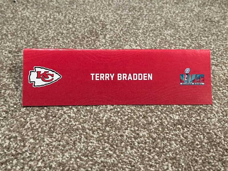 KANSAS CITY CHIEFS TEAM ISSUED SUPER BOWL LVII PAPER NAMEPLATE TERRY BRADDEN