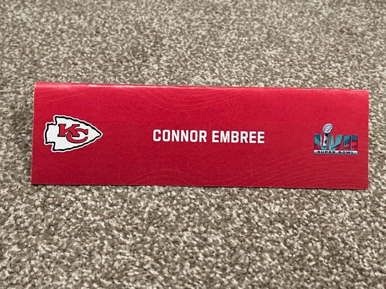 KANSAS CITY CHIEFS TEAM ISSUED SUPER BOWL LVII PAPER NAMEPLATE CONNOR EMBREE