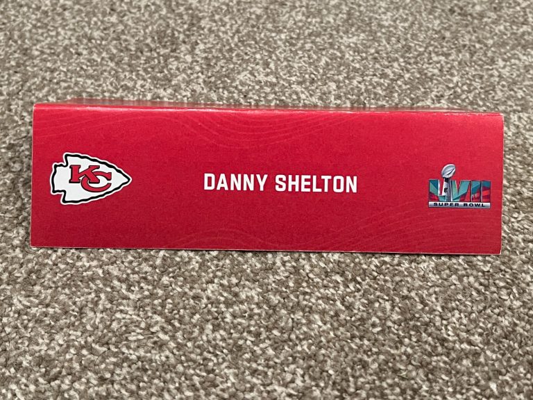 KANSAS CITY CHIEFS TEAM ISSUED SUPER BOWL LVII PAPER NAMEPLATE DANNY SHELTON