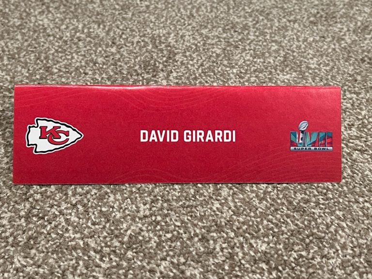 KANSAS CITY CHIEFS TEAM ISSUED SUPER BOWL LVII PAPER NAMEPLATE DAVID GIRADI