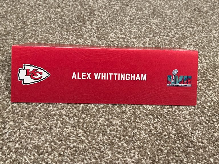KANSAS CITY CHIEFS TEAM ISSUED SUPER BOWL LVII PAPER NAMEPLATE ALEX WHITTINGHAM