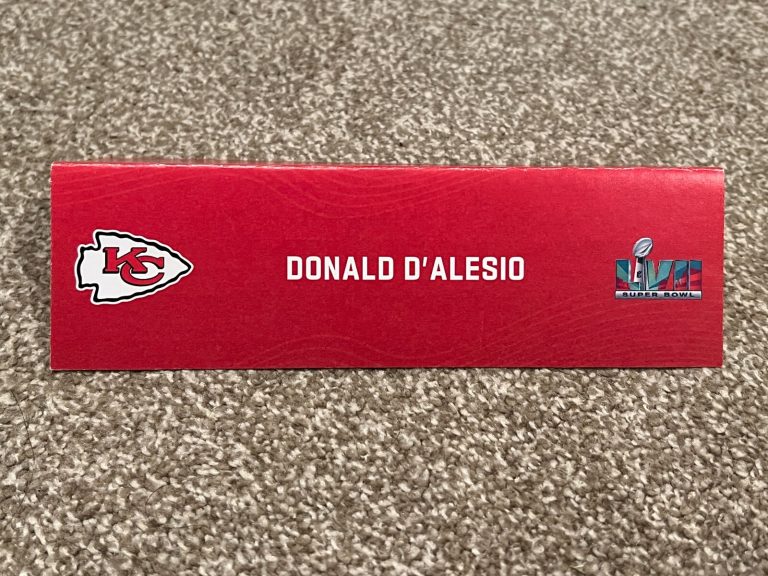 KANSAS CITY CHIEFS TEAM ISSUED SUPER BOWL LVII PAPER NAMEPLATE DONALD D'ALESIO