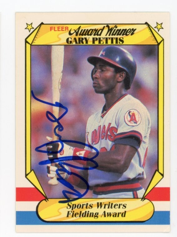 SIGNED BASEBALL CARD AUTO FLEER 1987 GARY PETTIS #29 ANGELS FIELDING AWARD
