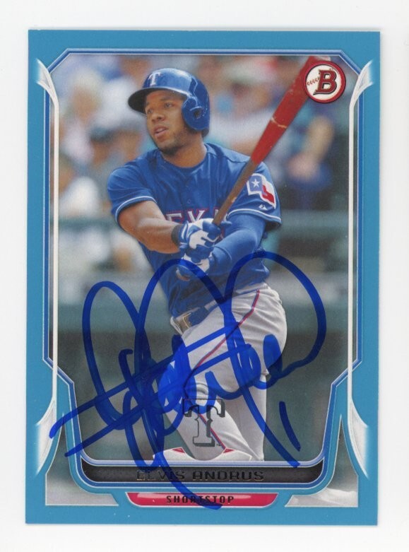 SIGNED BASEBALL CARD AUTO BOWMAN 2014 ELVIS ANDRUS #144 TEXAS RANGERS /500
