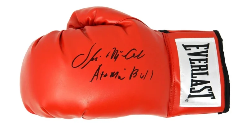 OLIVER McCALL Signed Everlast Red Boxing Glove w/Atomic Bull - SCHWARTZ