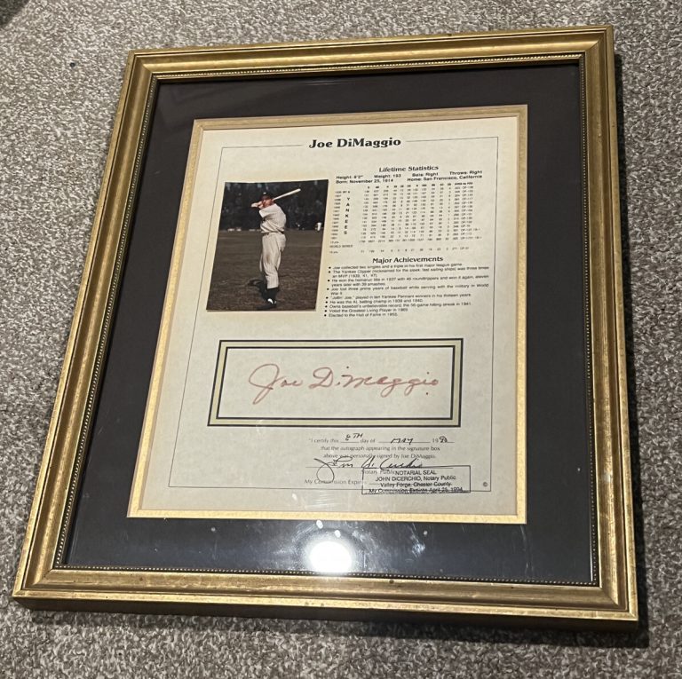 Joe DiMaggio Signed Baseball Stat Sheet Framed Auto New York Yankees HOF Yankees
