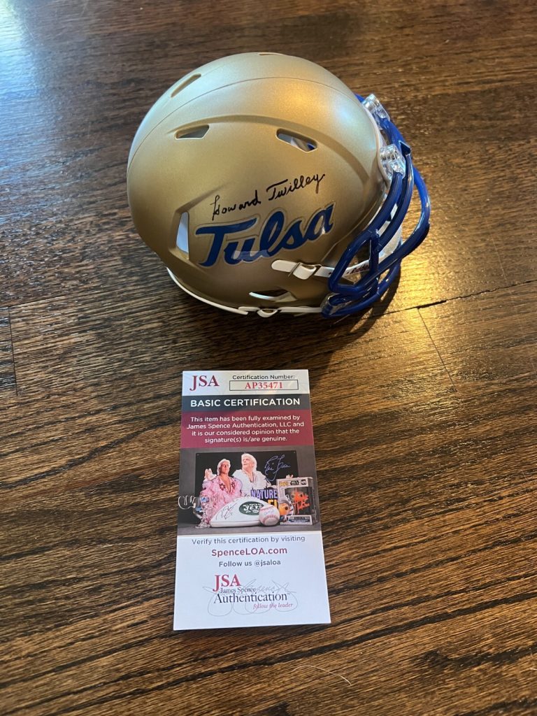 HOWARD TWILLEY SIGNED FOOTBALL MINI HELMET AUTO TULSA CF HOF JSA COA
