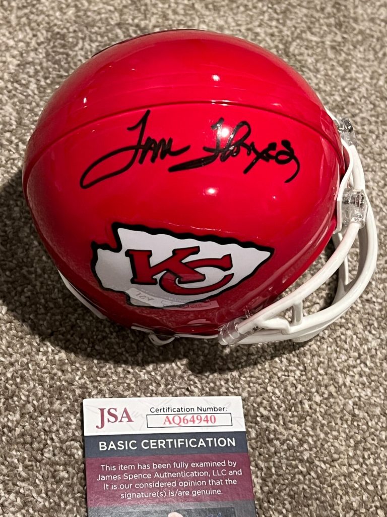 TOM FLORES SIGNED FOOTBALL MINI HELMET AUTO KANSAS CITY CHIEFS 1969 HOF JSA COA