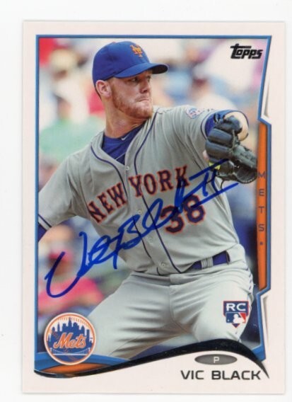 SIGNED BASEBALL CARD AUTO TOPPS 2014 NEW YORK METS VIC BLACK #557 *BENT CORNER*