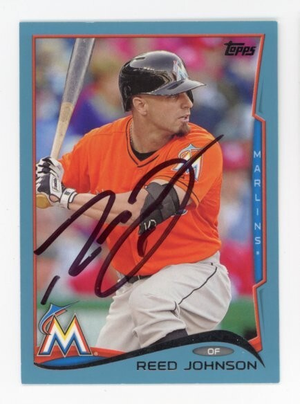 SIGNED BASEBALL CARD AUTO TOPPS 2014 MIAMI MARLINS REED JOHNSON #US205 BLUE VAR.