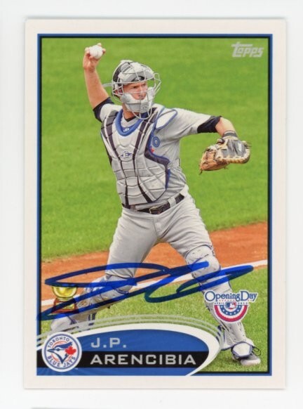SIGNED BASEBALL CARD AUTO OPENING DAY TOPPS 2012 #127 JP ARENCIBIA BLUE JAYS