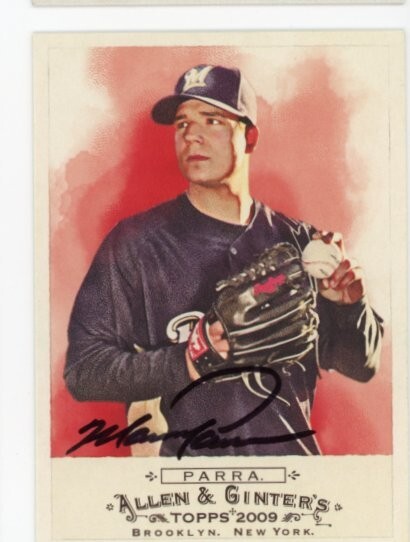 SIGNED BASEBALL CARD AUTO TOPPS ALLEN GINTER A&G 2009 MANNY PARRA #3 BREWERS