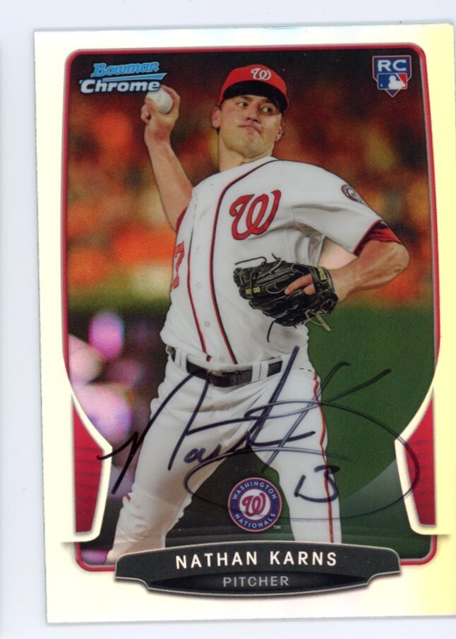 SIGNED BASEBALL CARD AUTO BOWMAN CHROME 2013 NATHAN KARNS NATIONALS REFRACTOR RC