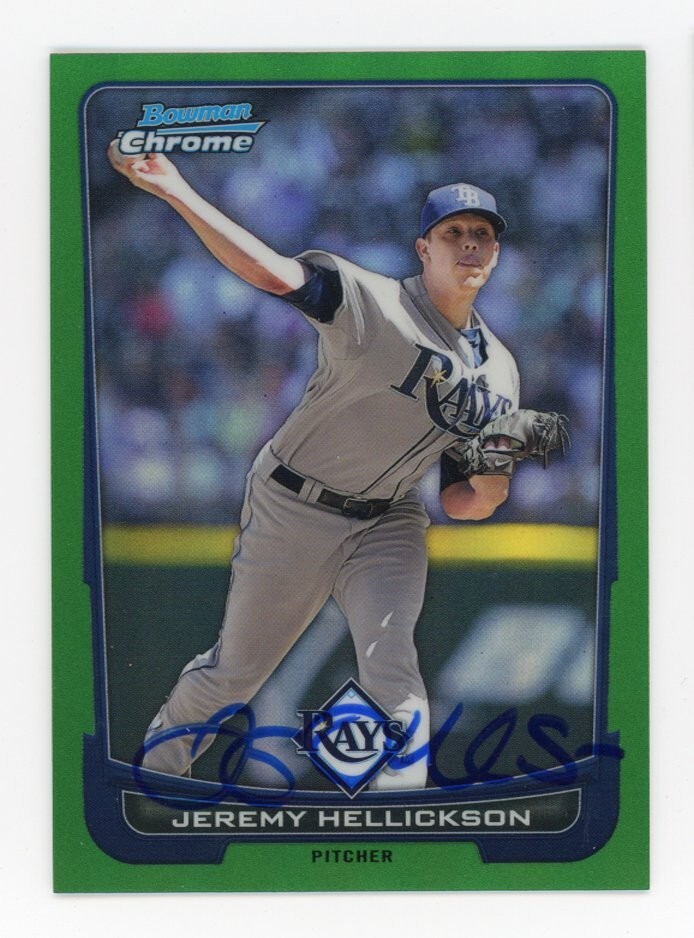 SIGNED BASEBALL CARD AUTO BOWMAN CHROME 2012 JEREMY HELLICKSON REFRACTOR RAYS #4