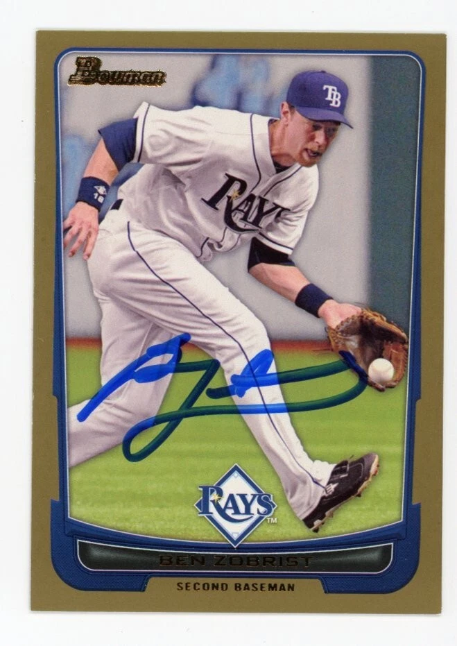 SIGNED BASEBALL CARD AUTO BOWMAN 2012 BEN ZOBRIST TAMPA BAY RAYS GOLD VAR. #155