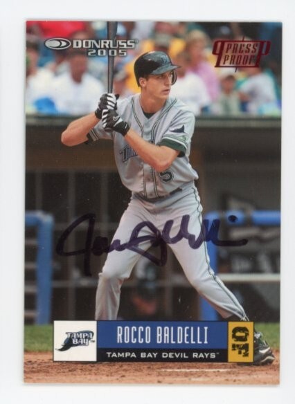 SIGNED BASEBALL CARD AUTO DONRUSS 2005 #351 ROCCO BALDELLI RAYS PRESS PROOF /200