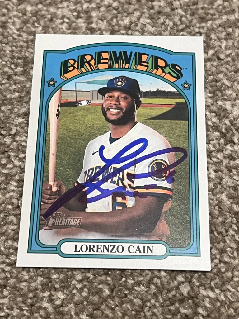 SIGNED BASEBALL CARD AUTO LORENZO CAIN TOPPS HERITAGE 2021 660 MILWAUKEE BREWERS