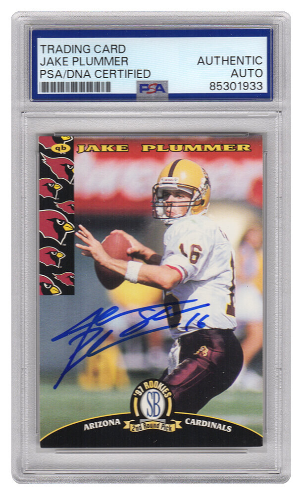Jake Plummer Signed Cardinals 1997 SB 2nd Round Pick RC Card #1 w/Snake (PSA)