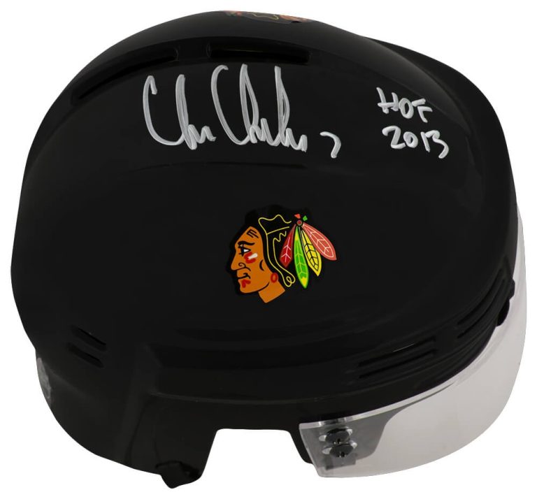 CHRIS CHELIOS Signed Blackhawks Black Hockey Mini Helmet w/HOF 2013 - SCHWARTZ