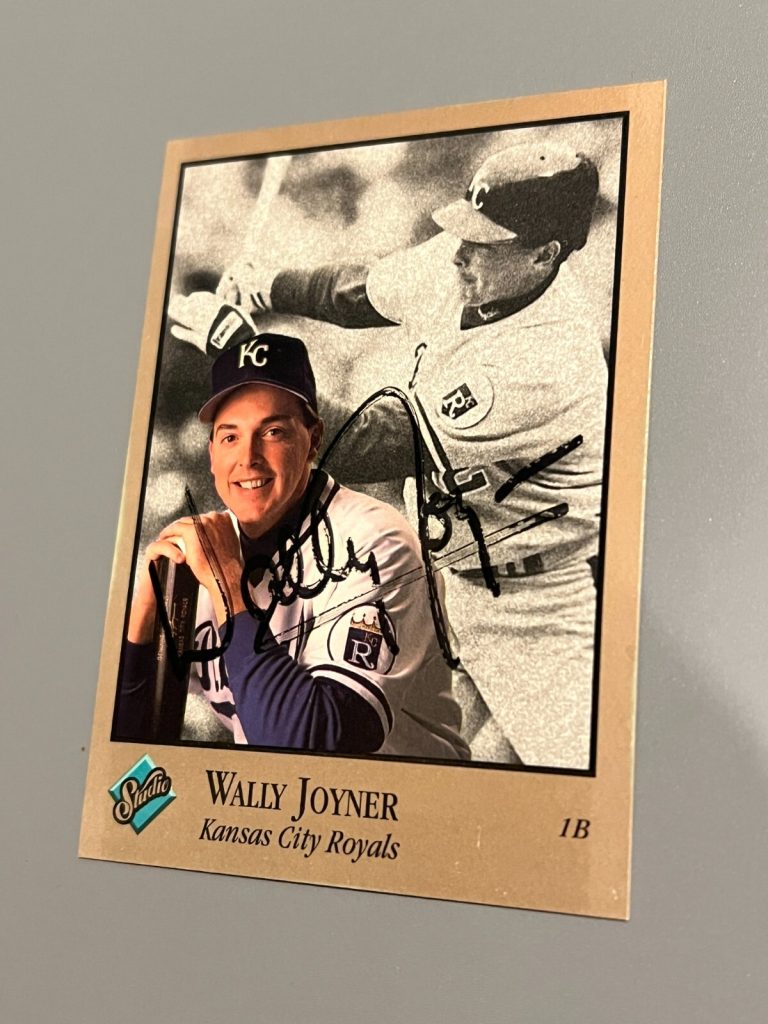 SIGNED BASEBALL CARD AUTO WALLY JOYNER KANSAS CITY ROYALS 1992 LEAF STUDIO #185