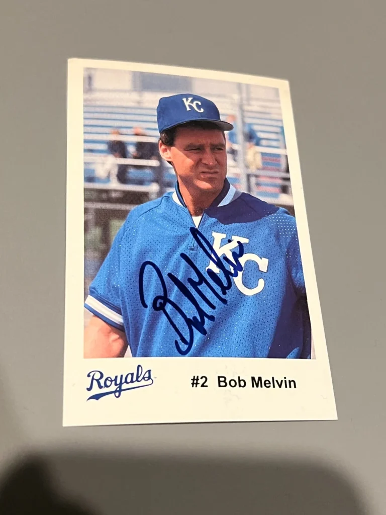 SIGNED BASEBALL CARD AUTO KANSAS CITY ROYALS SGA POLICE POSTCARD BOB MELVIN