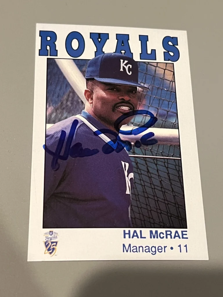 SIGNED BASEBALL CARD AUTO KANSAS CITY ROYALS SGA POLICE POSTCARD HAL McRAE