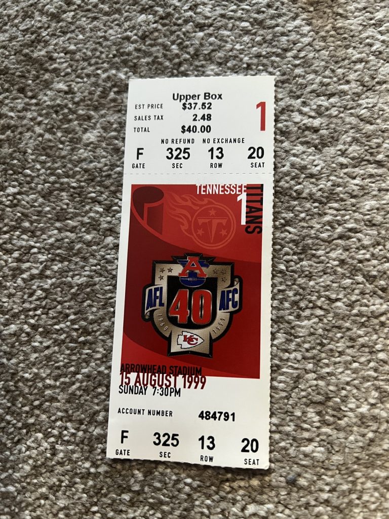 FOOTBALL TICKET STUB ARROWHEAD KANSAS CITY CHIEFS TENNESSEE TITANS 1999 8/15