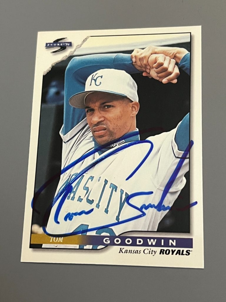 SIGNED BASEBALL CARD AUTO TOM GOODWIN 1996 SCORE #140 KANSAS CITY ROYALS