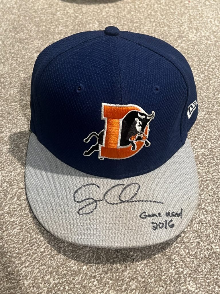 SIGNED GAME USED BASEBALL HAT WORN AUTOGRAPH CASEY COLEMAN 7 1/8 DURHAM BULLS