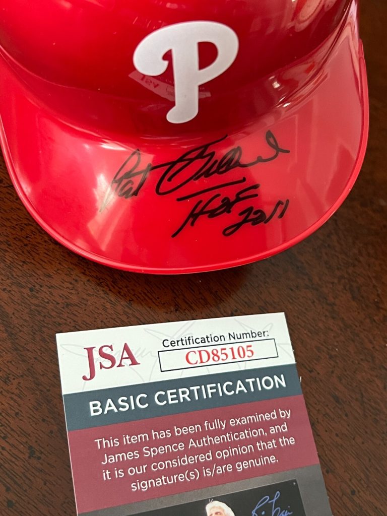 GM PAT GILLICK SIGNED MINI BASEBALL BATTING HELMET PHILLIES 2008 WSC HOF JSA COA