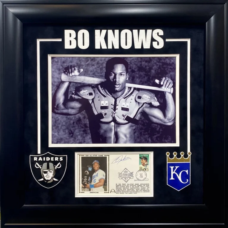 Bo Jackson KC Royals LA Raiders Signed Autograph Bat Shoulder Pads Photo JSA