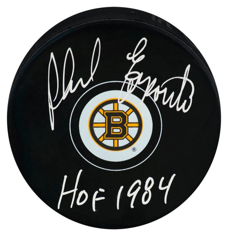 Phil Esposito Signed Boston Bruins Logo Hockey Puck w/HOF 1984 - (SCHWARTZ COA)