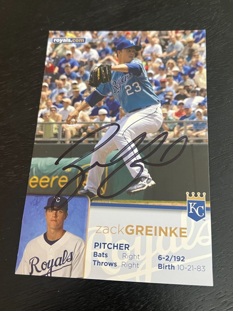 SIGNED BASEBALL POSTCARD AUTO KANSAS CITY ROYALS TI ZACK GREINKE *CREASE*