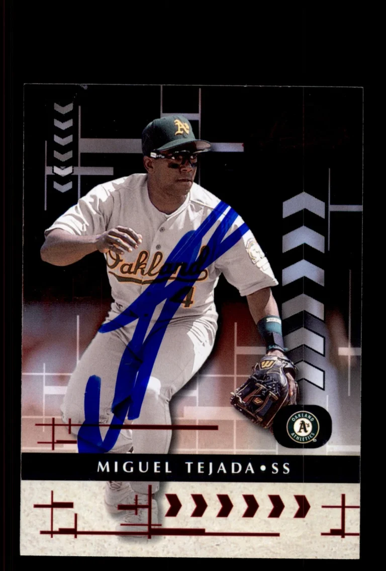 Signed Baseball Card Auto Miguel Tejada 2001 Playoff Absolute #140 Oakland A's