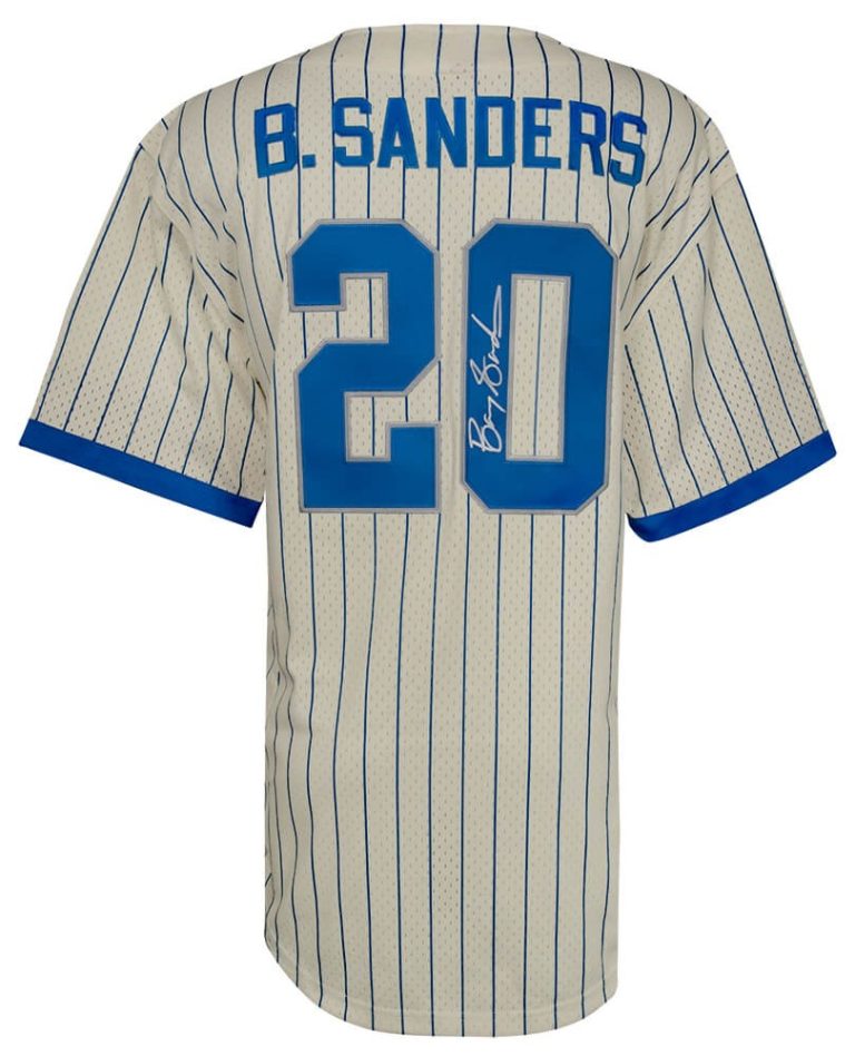 Barry Sanders Signed Detroit Lions Cream M&N Baseball Jersey - (SCHWARTZ COA)