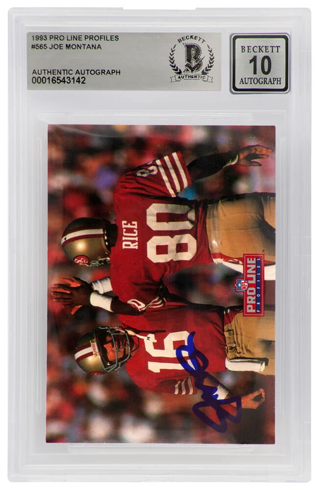 Joe Montana Signed 49ers 1993 Pro Line Football Card #565  (Beckett - Auto 10)