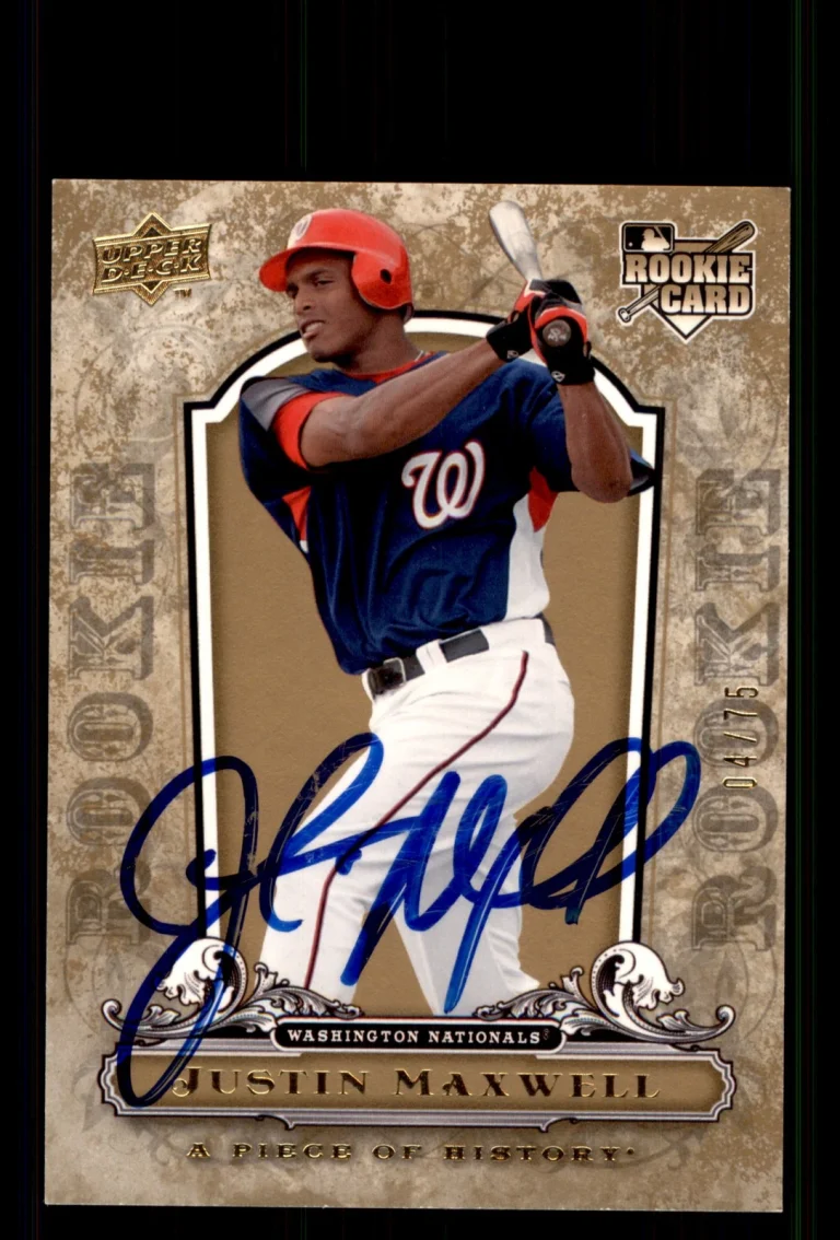Signed Baseball Card Auto Justin Maxwell 2008 Upper Deck A Piece of History /75