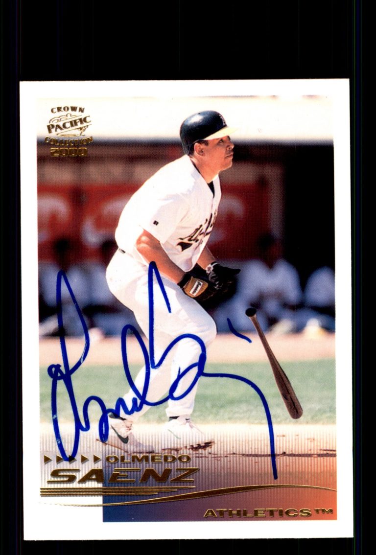 Signed Baseball Card Auto Olmedo Saenz 2000 Pacific Crown Collection #205 A's