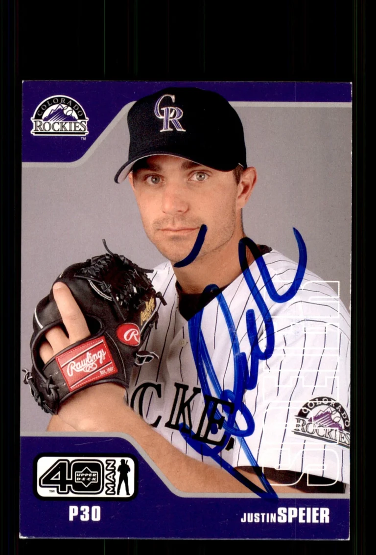 Signed Baseball Card Auto Justin Speier 2002 Upper Deck 40-Man #1004 Rockies
