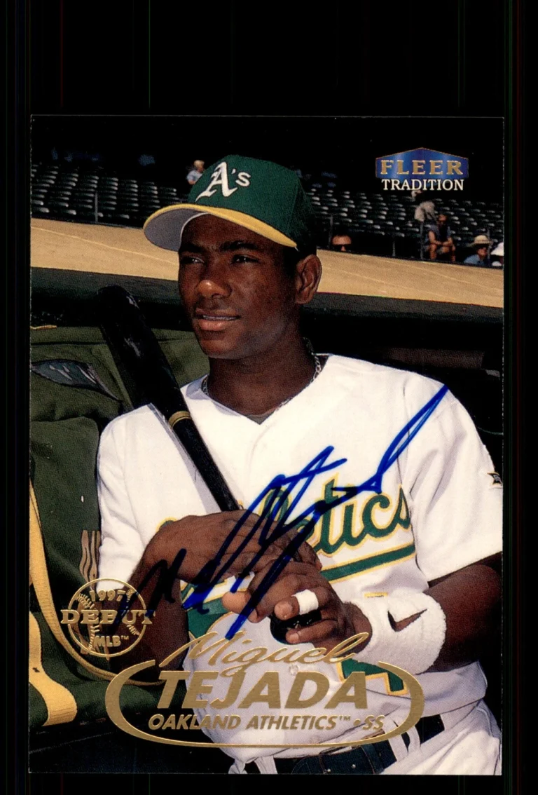 Signed Baseball Card Auto Miguel Tejada 1998 Fleer Tradition #236 A's