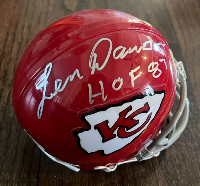 LEN DAWSON SIGNED FOOTBALL MINI HELMET AUTO KANSAS CITY CHIEFS HOF 87 JSA WITN.