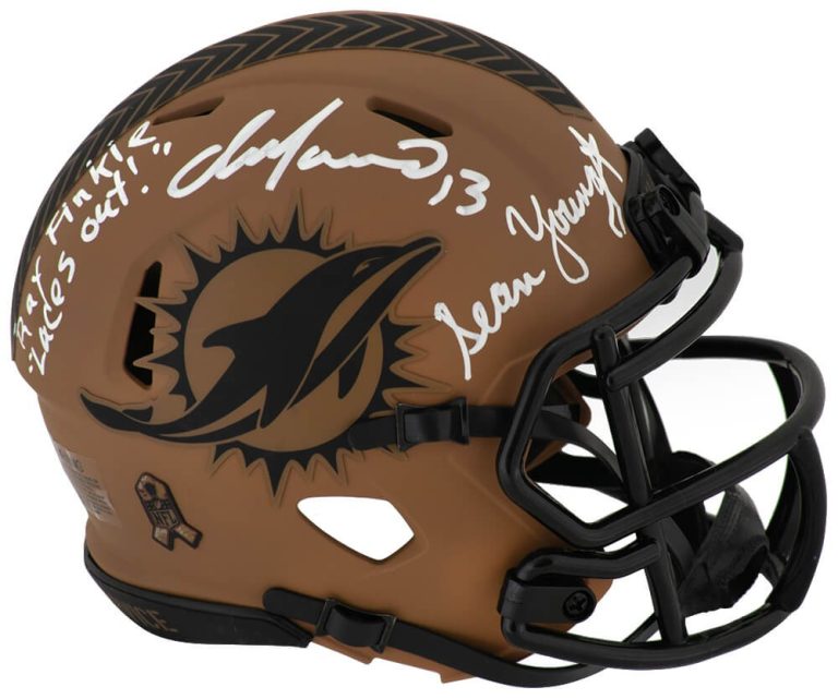 Dan Marino & Sean Young Signed Dolphins Salute Mini Helmet w/2-INS -SCHWARTZ COA