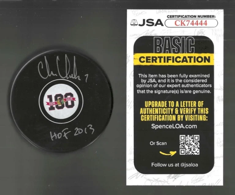 Chris Chelios Signed Chicago Blackhawks Centennial 100th Puck JSA COA
