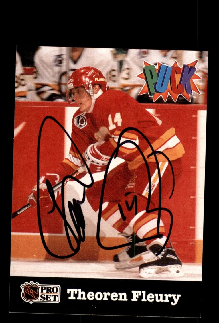 Signed Hockey Card Auto Theoren Fleury 1991-92 Pro Set PUCK #4 Calgary Flames