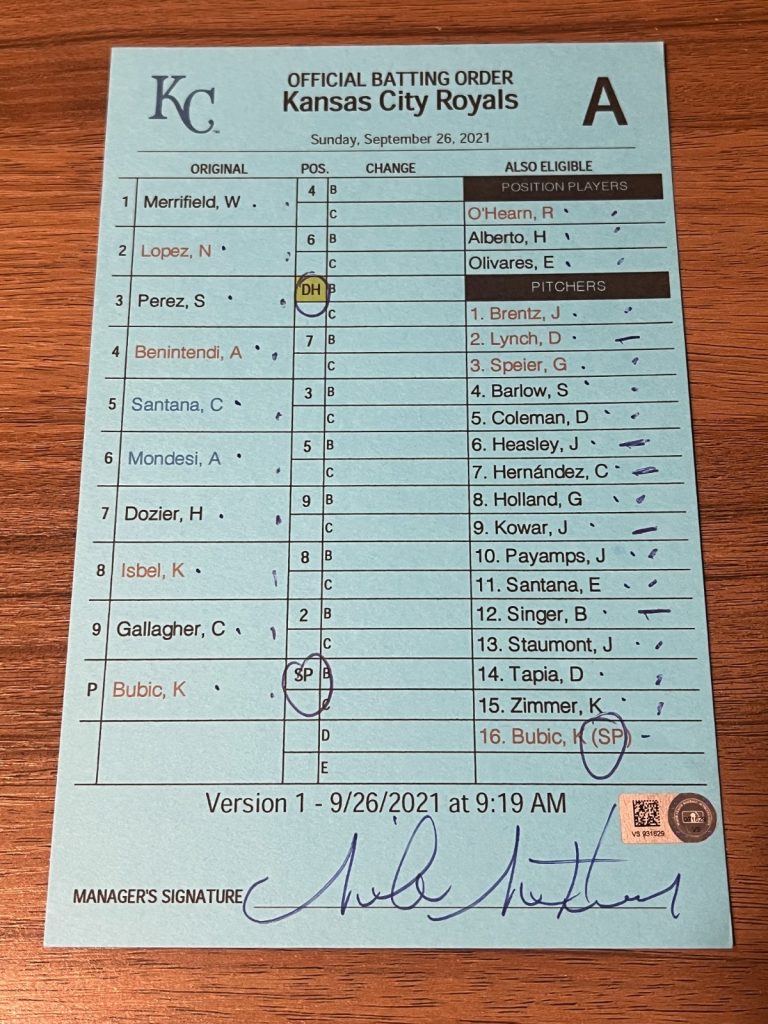2021 GAME USED KANSAS CITY ROYALS BASEBALL UMPIRE LINE UP CARD 9/26 BUBIC