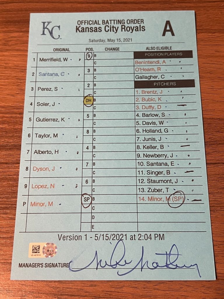 2021 GAME USED KANSAS CITY ROYALS BASEBALL UMPIRE LINE UP CARD 5/15 PEREZ HR