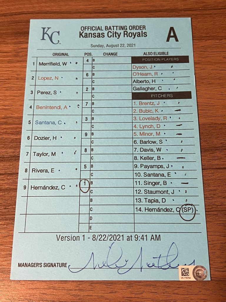2021 GAME USED KANSAS CITY ROYALS BASEBALL UMPIRE LINE UP CARD 8/22